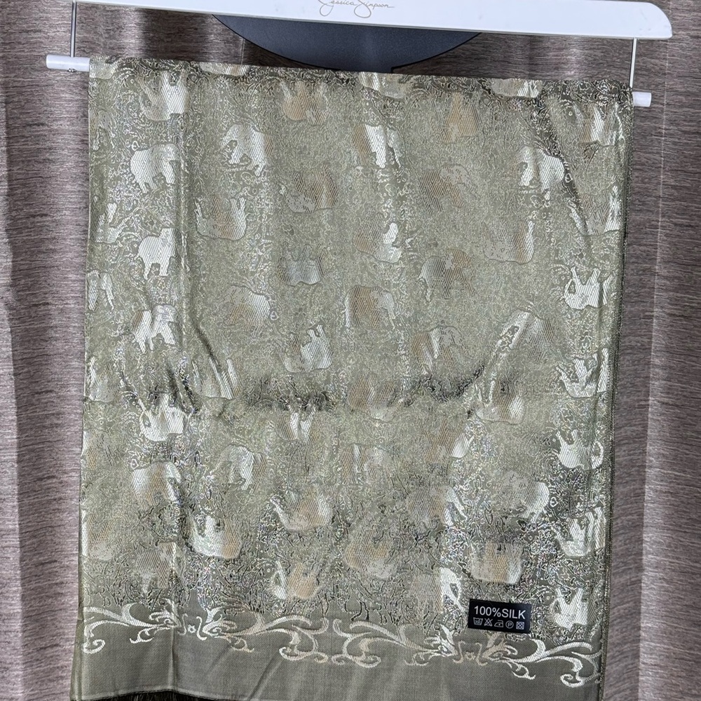 Green Silk Scarf with Elephant Pattern